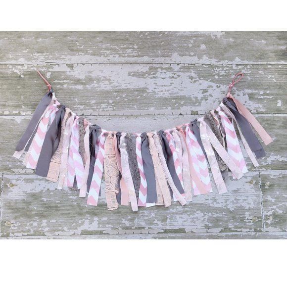 Pink Chevron Fabric GARLAND Handmade Rag Bunting Wall Boho Party Photo Backdrop - Picture 2 of 5